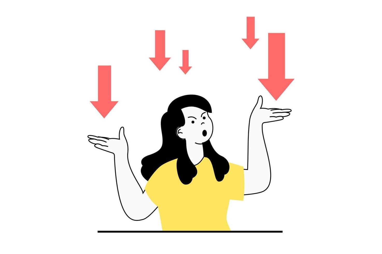 Crisis management concept with people scene in flat web design. Woman getting negative financial trend with down arrows at graphics. Vector illustration for social media banner, marketing material.
