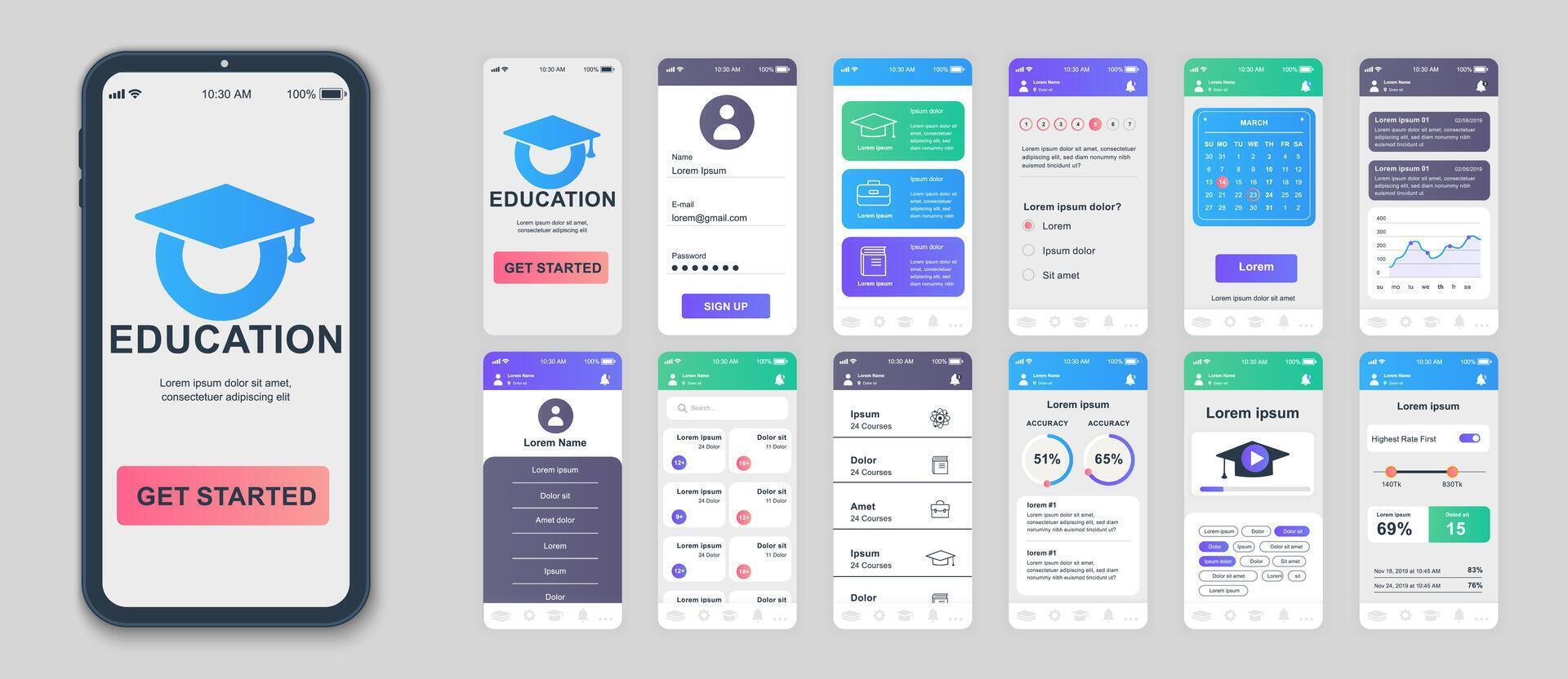 Education mobile app screens set for web templates. Pack of student profile, learning courses, calendar, online lessons, progress. UI, UX, GUI user interface kit for cellphone layouts. Vector design