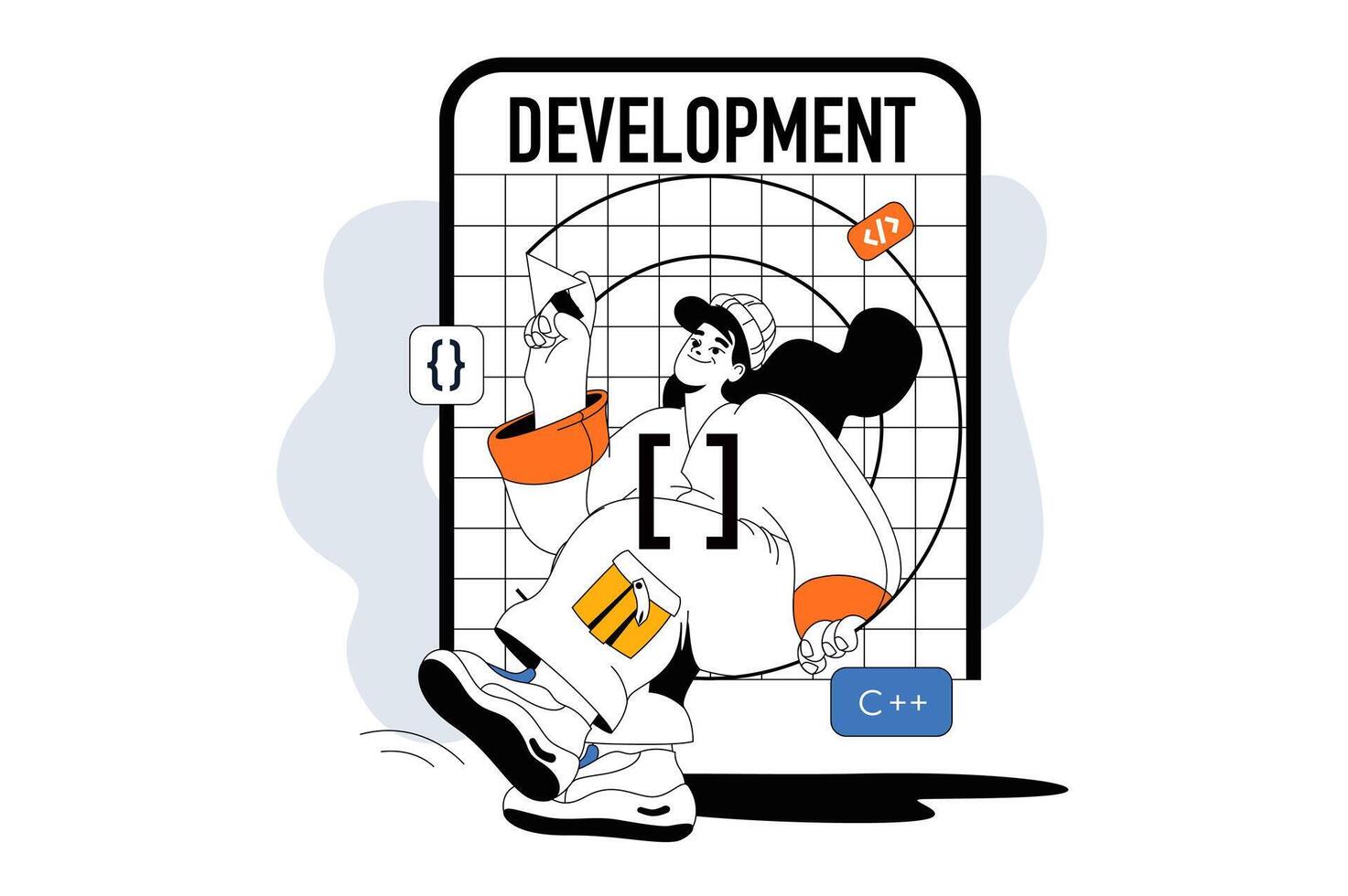 Programming development concept with people scene in flat line design for web. Woman working with code, making interface and scripts. Vector illustration for social media banner, marketing material.