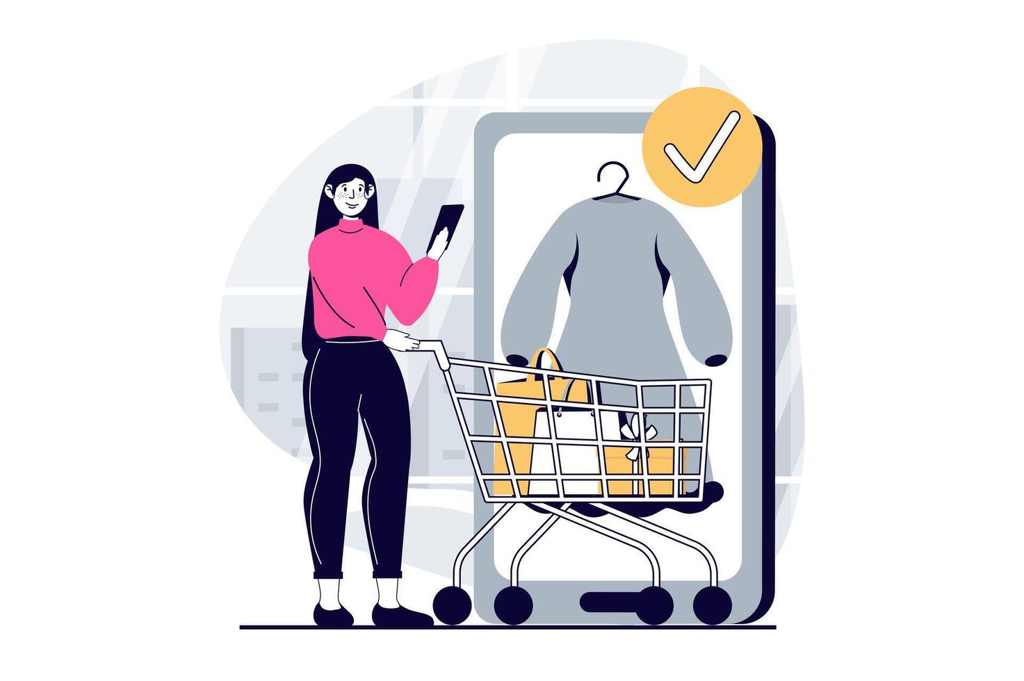 Mobile commerce concept with people scene in flat design for web. Woman with supermarket cart choosing clothes in online store app. Vector illustration for social media banner, marketing material.