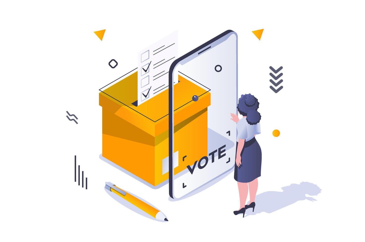 Election and voting concept in 3d isometric design. Woman voter chooses political candidate and put tick on electronic ballot st screen. Vector illustration with isometric people scene for web graphic