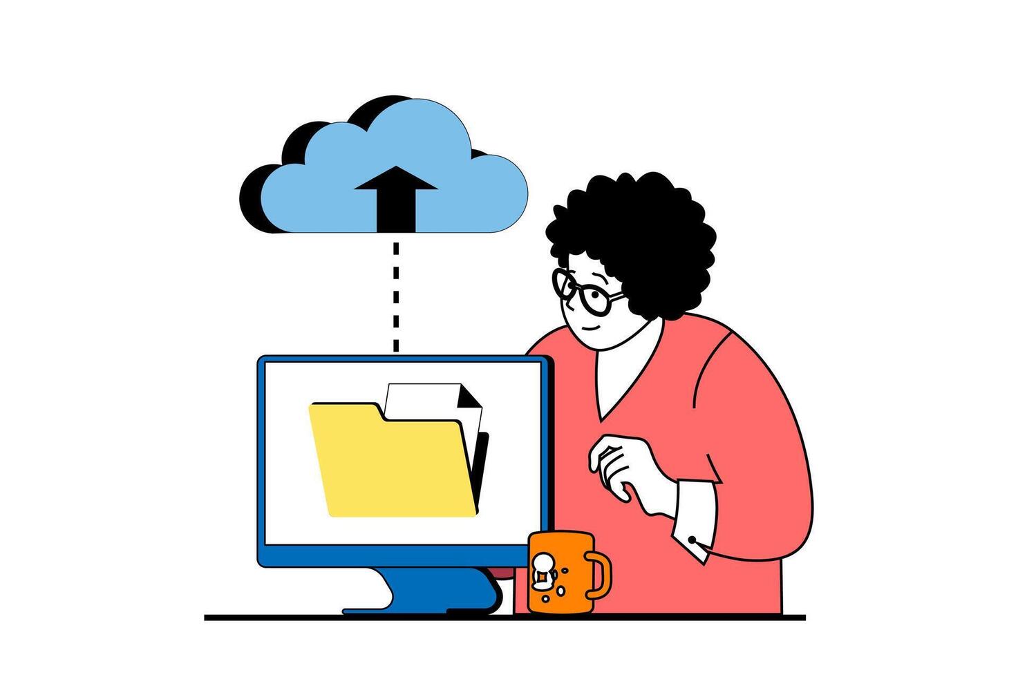 nube informática concepto con personas escena en plano web diseño. mujer subiendo digital archivos en nube almacenamiento, sincronizar y Procesando. vector ilustración para social medios de comunicación bandera, márketing material.