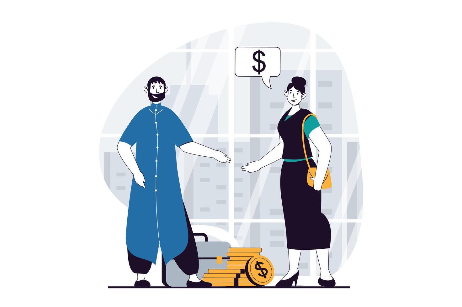 Business making concept with people scene in flat design for web. Man and woman cooperate and make deal at meeting to develop project. Vector illustration for social media banner, marketing material.