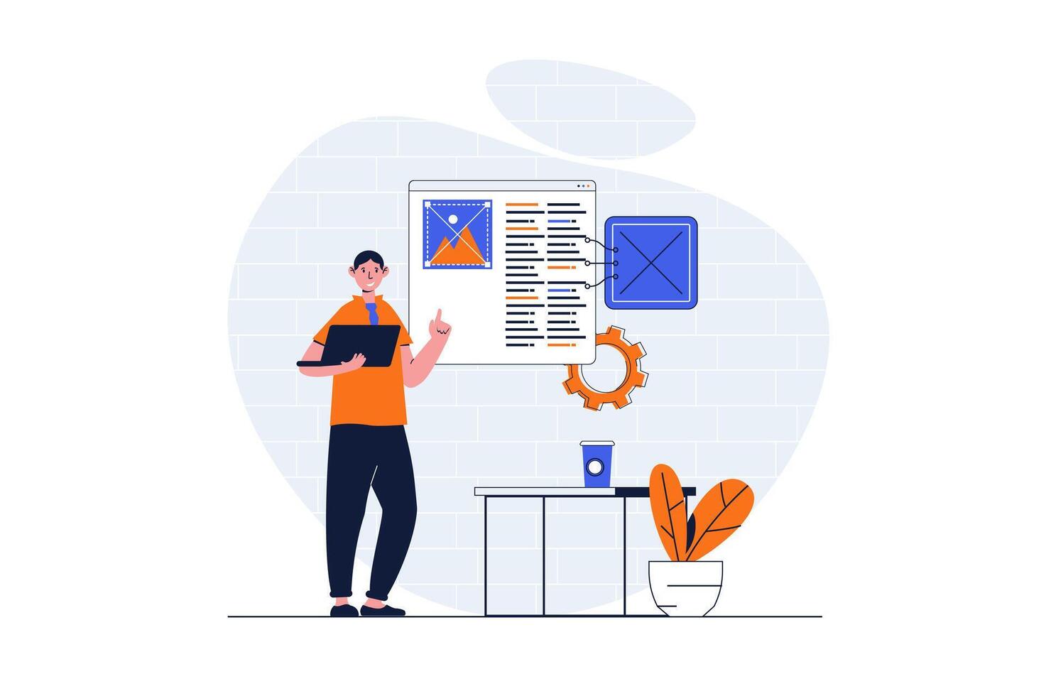 Programming web concept with character scene. Man making program and creating webpage layout at platform. People situation in flat design. Vector illustration for social media marketing material.