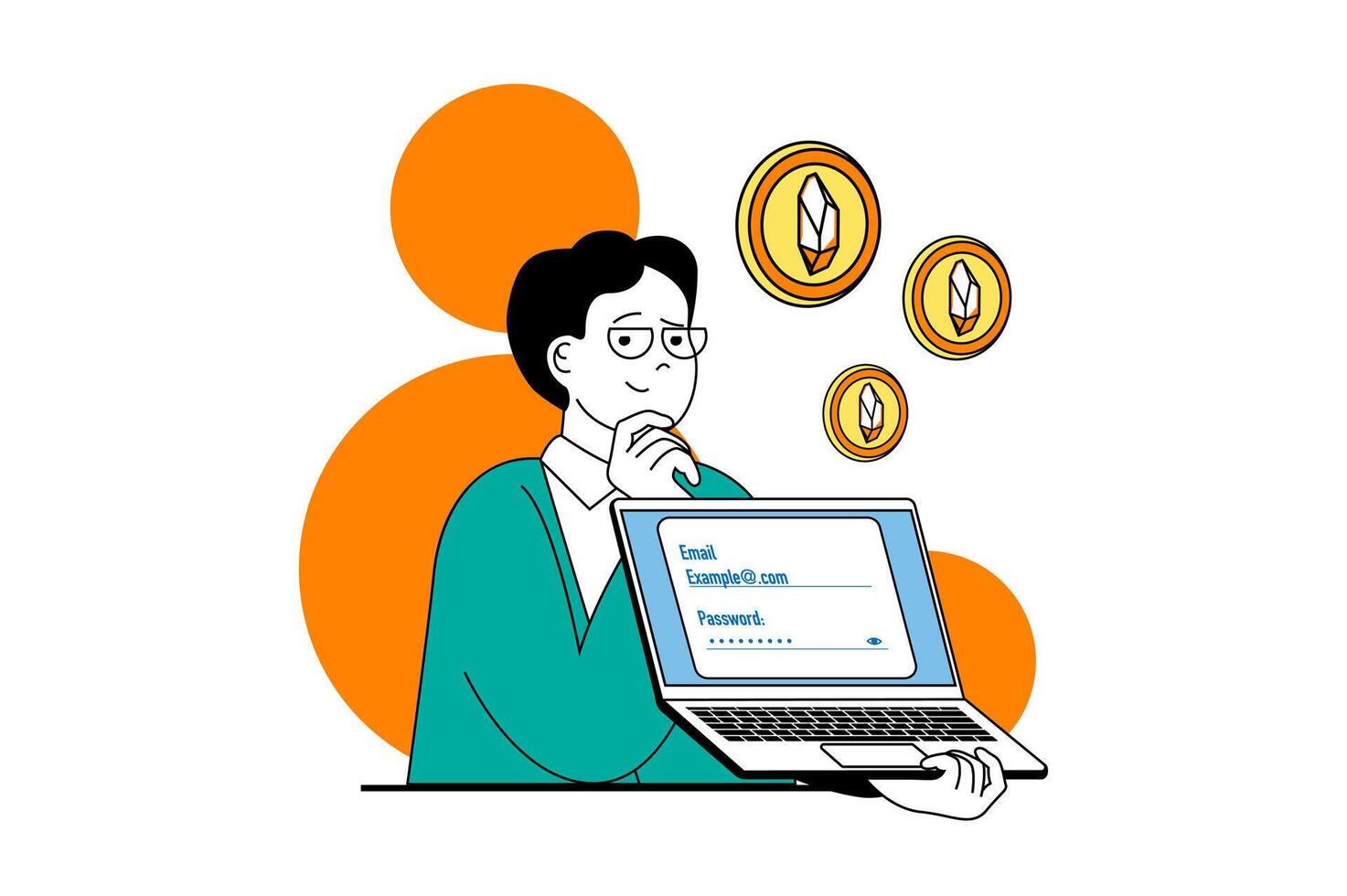 Cryptocurrency marketplace concept with people scene in flat web design. Man buying crypto coins and using success financial strategy. Vector illustration for social media banner, marketing material.