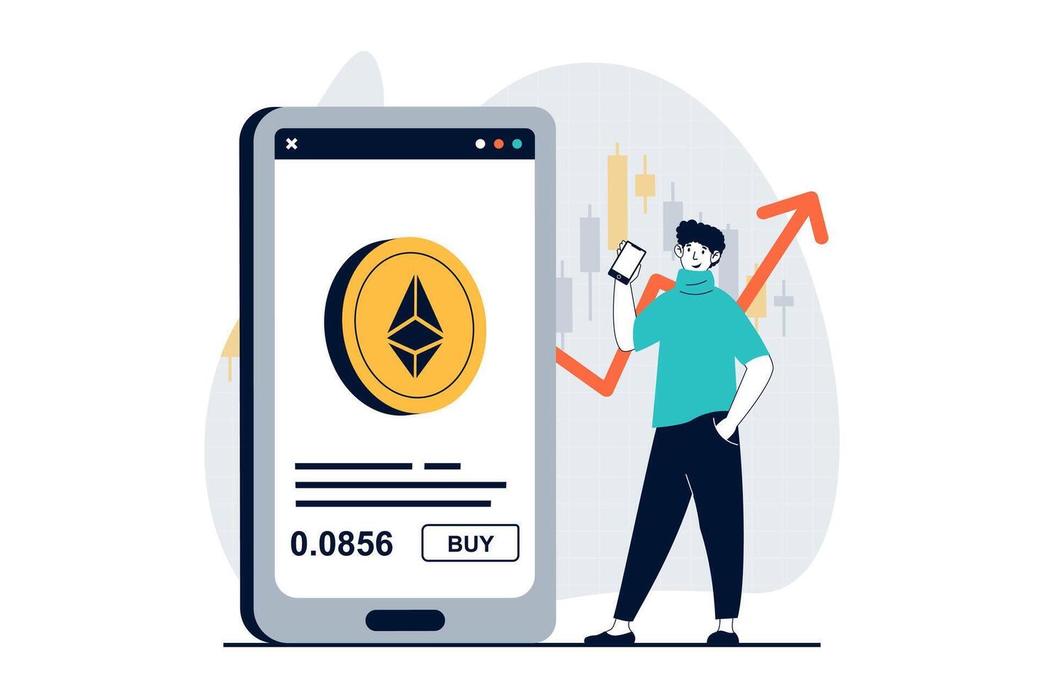 Cryptocurrency marketplace concept with people scene in flat design for web. Man buying ethereum coins and managing in banking app. Vector illustration for social media banner, marketing material.