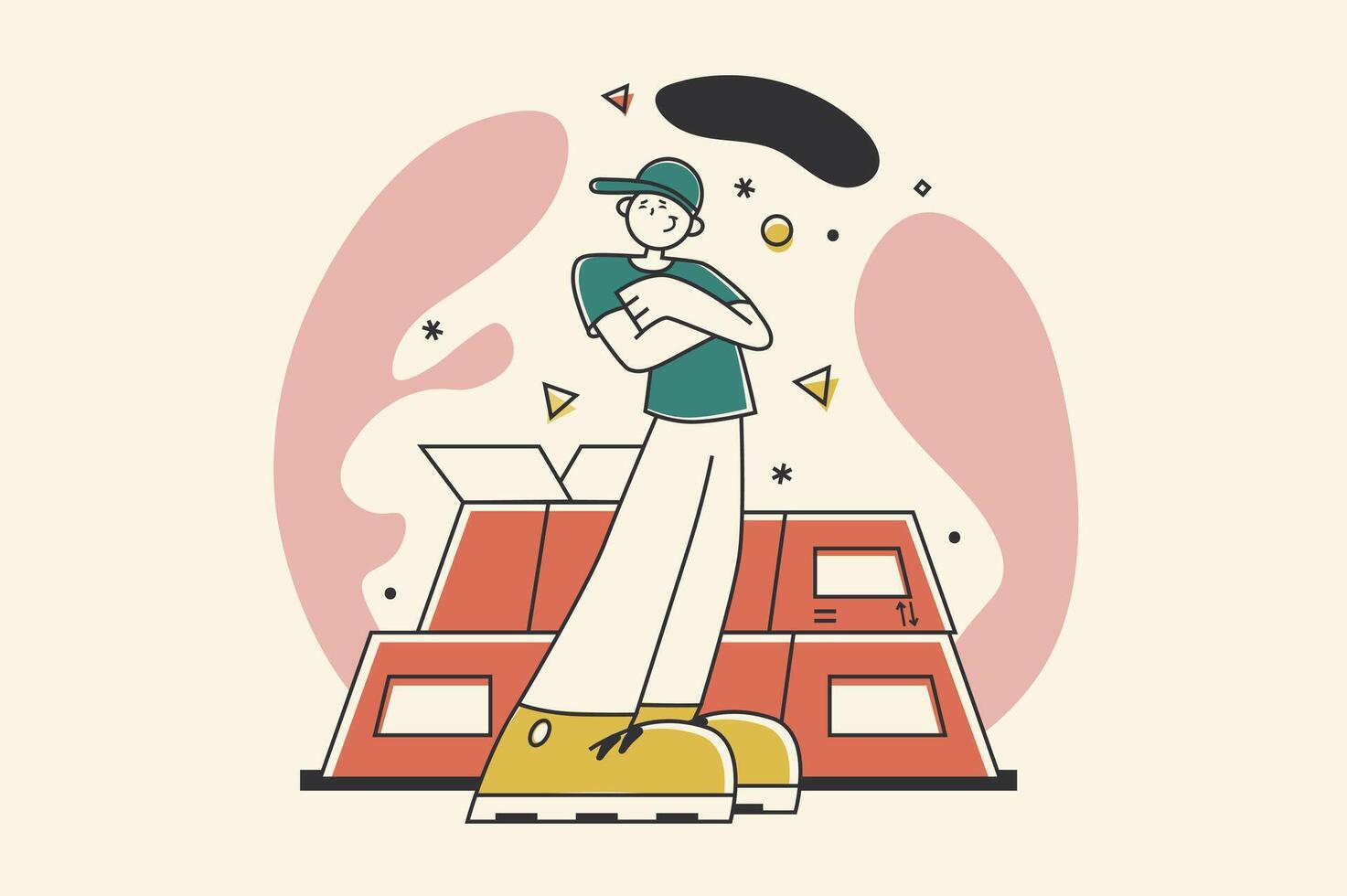 Delivery company concept with people scene in flat retro design for web. Courier makes fast shipping of parcel boxes with tracking. Vector illustration for social media banner, marketing material.