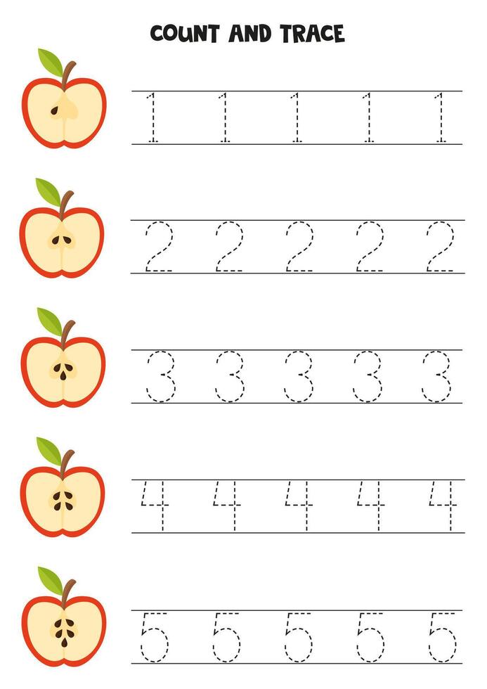 contar manzana semillas y rastro números. educativo hoja de cálculo para niños. vector