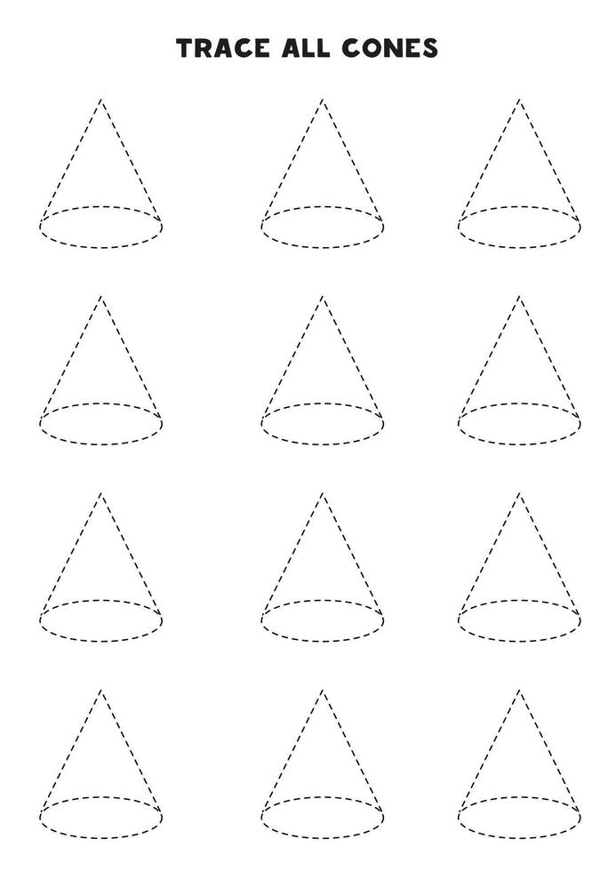 Trace all cones. Handwriting practice for kids. Black and white worksheet. vector