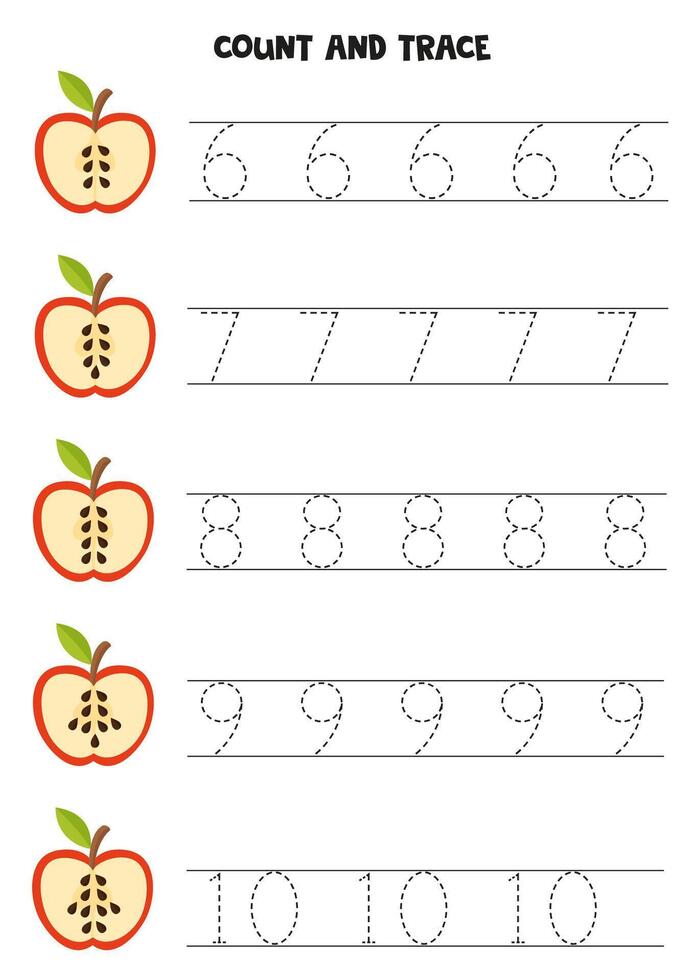 Count apple seeds and trace numbers. Educational worksheet for kids. vector