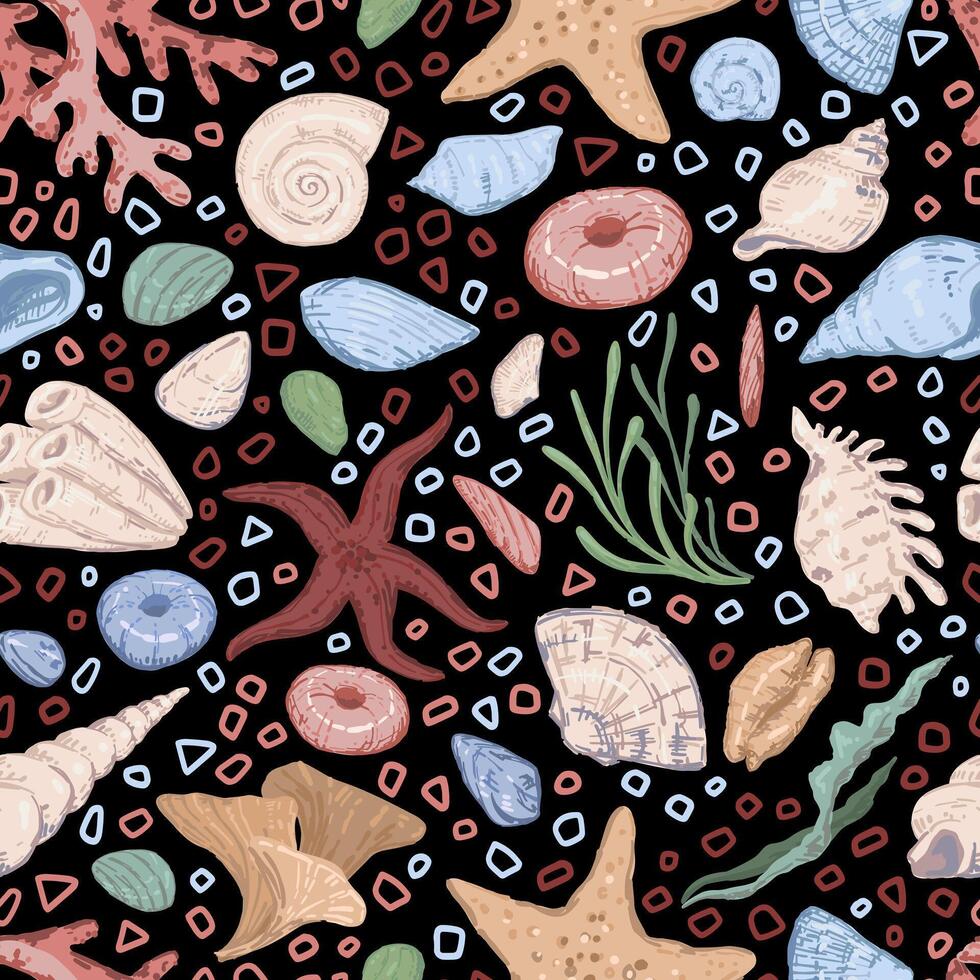 estrellas de mar, conchas, piedras, algas marinas, coral, mar ornamento. resumen vector sin costura modelo de submarino vida.