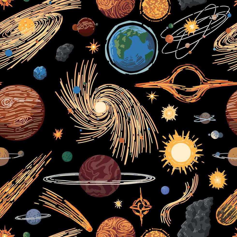 Abstract cosmic space seamless pattern. Ornament of planets, stars, comets, asteroids, galaxies. Hand drawn colorful vector illustrations.