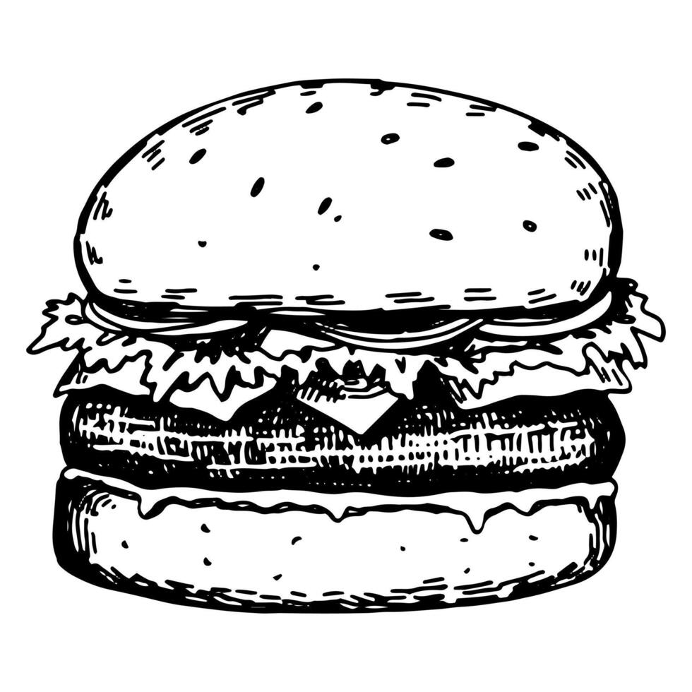 Hamburger sketch, tasty sandwich. Hand drawn vector illustration in retro style. Single fast food doodle. Outline clipart isolated on white background.