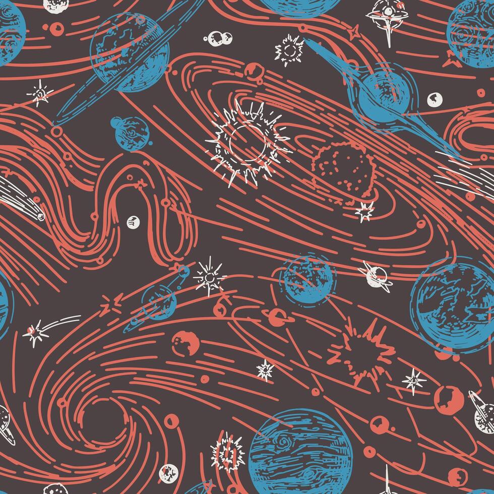 Cosmic space seamless pattern. Abstract ornament of planets, stars, comets, asteroids, galaxies. Hand drawn vector astronomy illustrations.