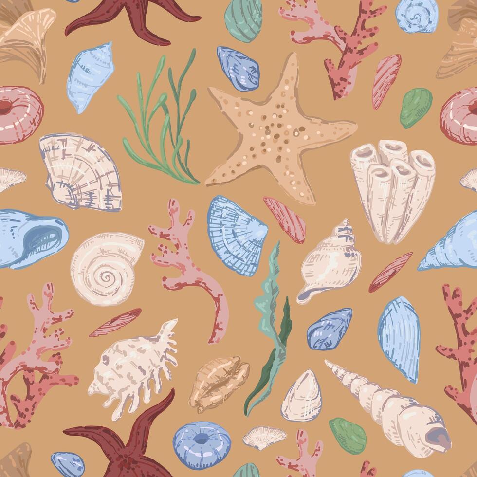 Starfishes, shells, stones, seaweed, coral, sea ornament. Abstract vector seamless pattern of underwater life.