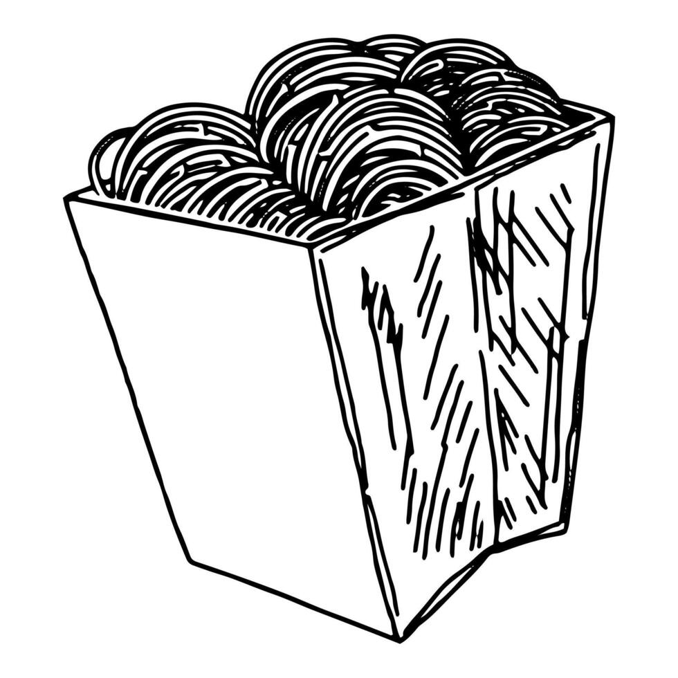 Sketch of spaghetti in box, noodles. Takeaway food doodle. Hand drawn vector illustration in retro style. Outline clipart isolated on white background.