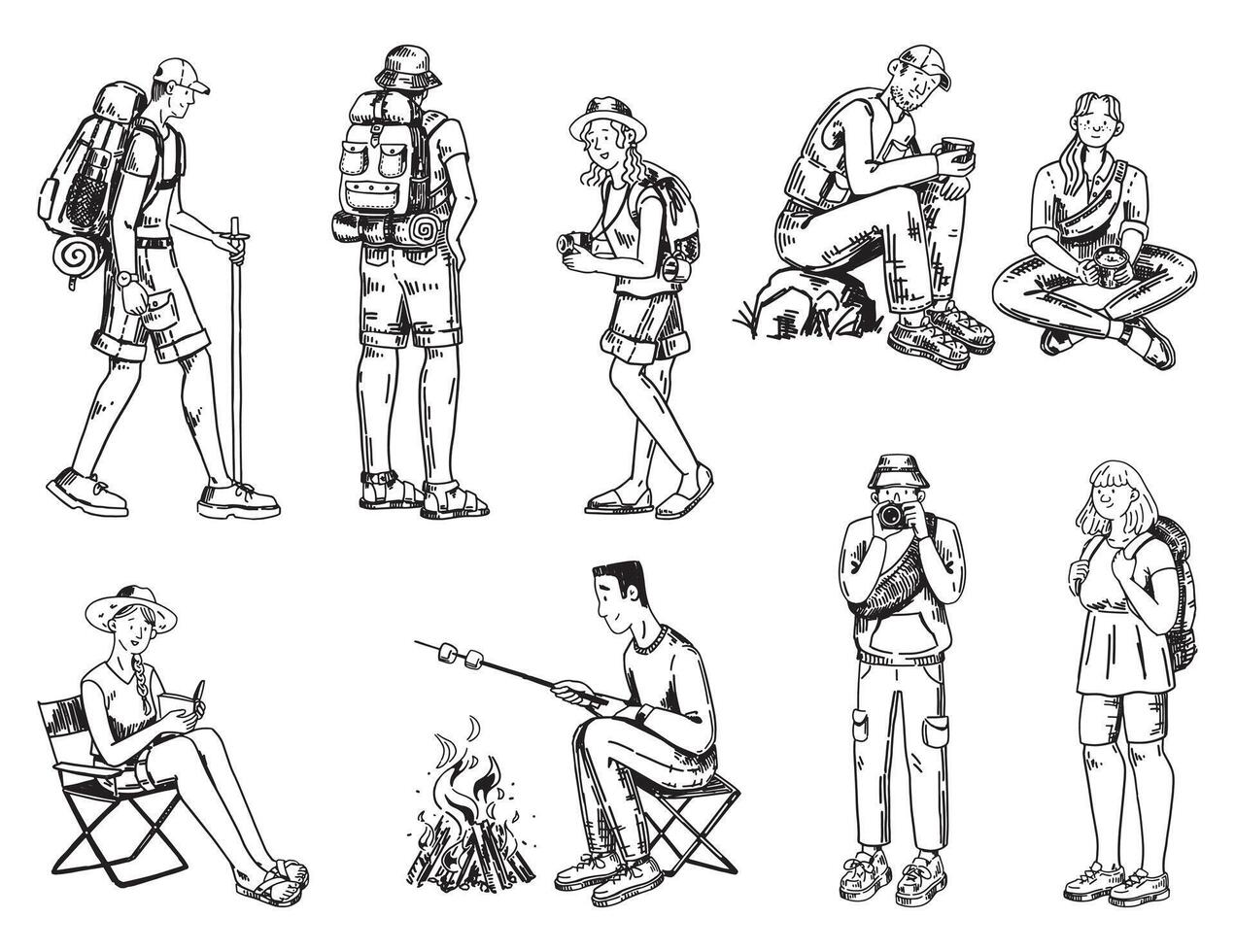Campers sketches collection. Doodle set of various people during hiking, camping. Hand drawn vector illustrations in engraving style.