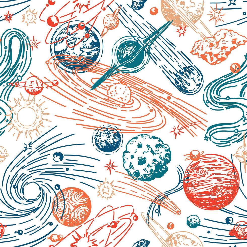 Cosmic space seamless pattern. Abstract ornament of planets, stars, comets, asteroids, galaxies. Hand drawn vector astronomy illustrations.