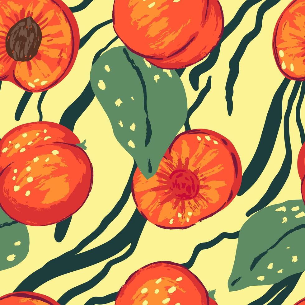 sin costura modelo de duraznos en moderno estilo. vector ilustración de Fresco sabroso frutas brillante contemporáneo ornamento. diseño para decoración, fondo de pantalla, fondo, textil.