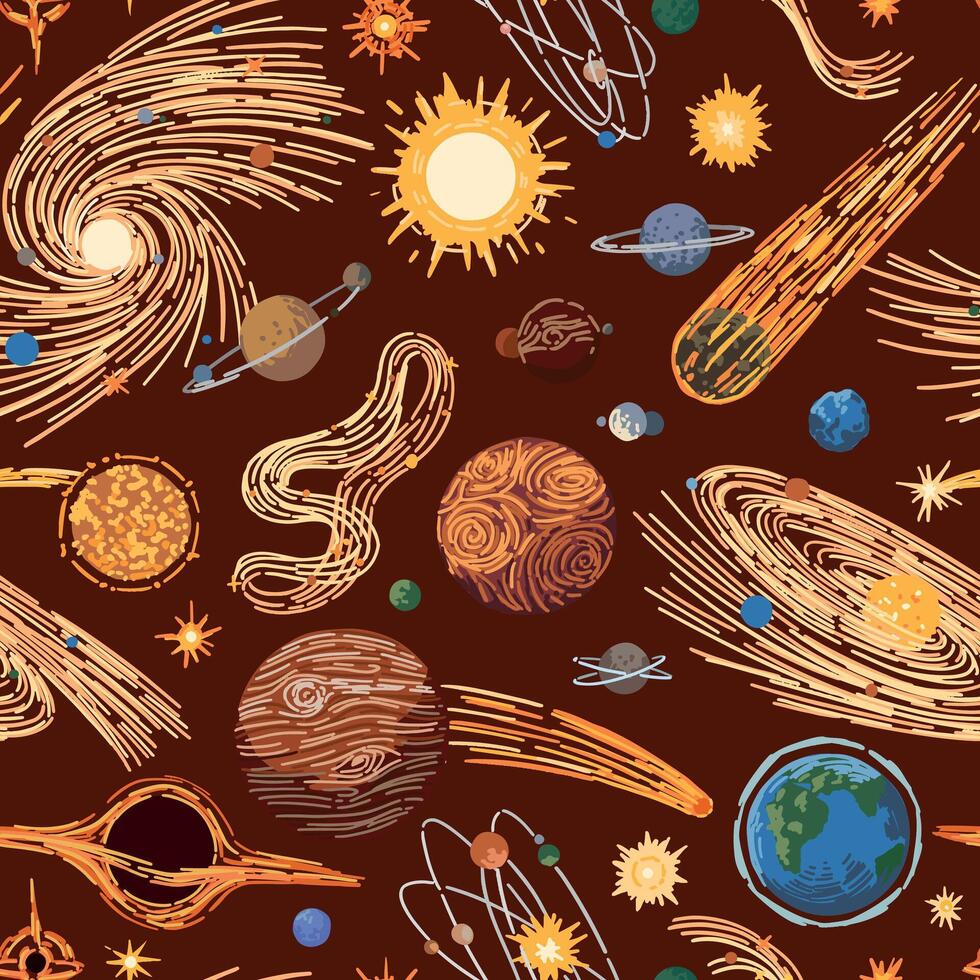 resumen cósmico espacio sin costura modelo. ornamento de planetas, estrellas, cometas, asteroides, galaxias mano dibujado vistoso vector ilustraciones.