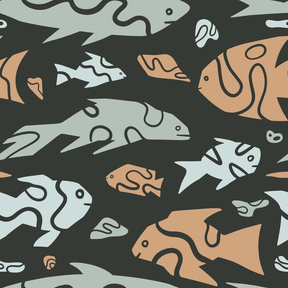 Abstract fishes simple geometric style ornament. Seamless pattern of underwater sea creatures in primitive art style. Hand drawn vector illustration.