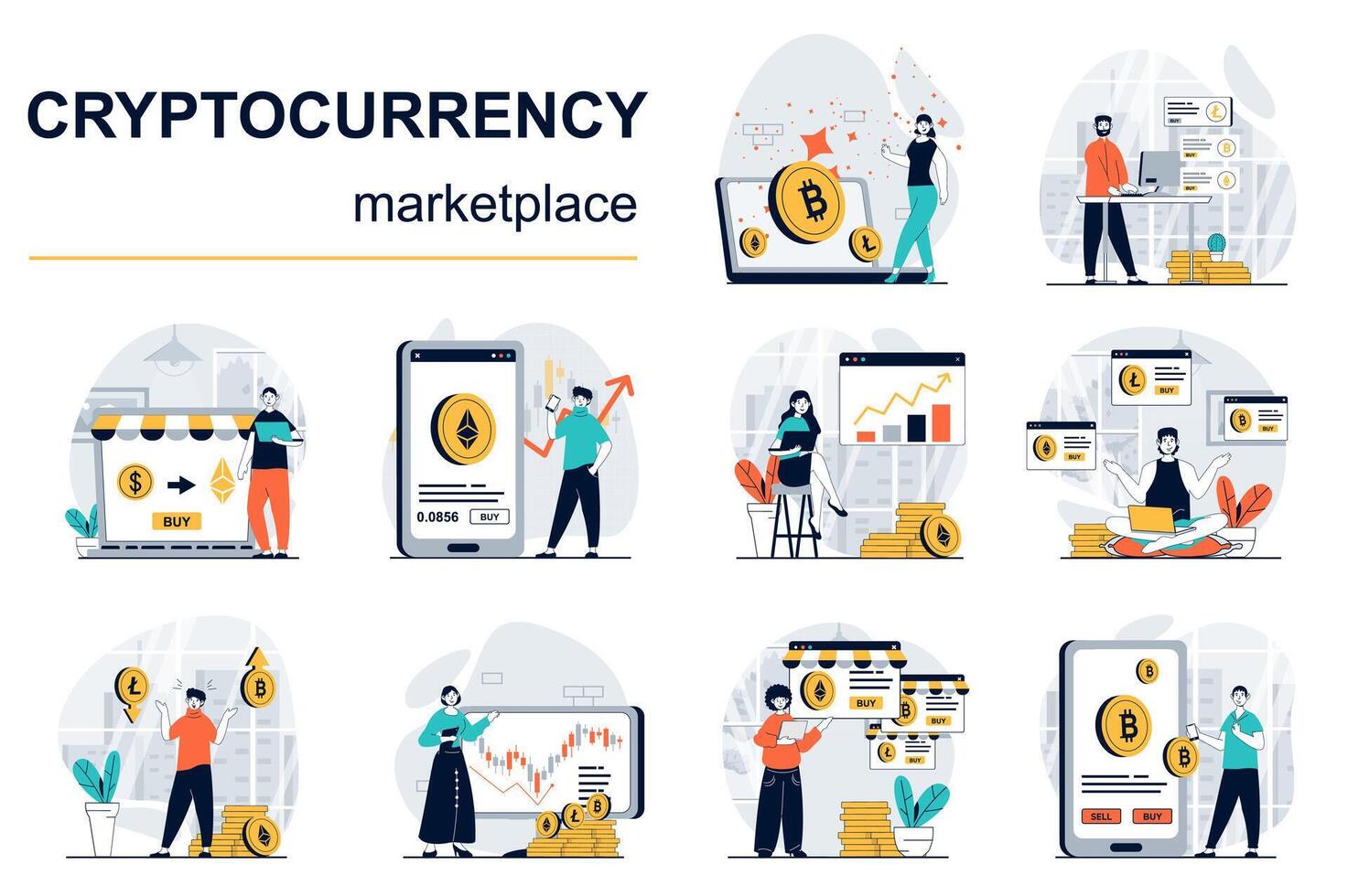 Cryptocurrency marketplace concept with character situations mega set. Bundle of scenes people analysing financial trends on exchange, buy or sell bitcoins. Vector illustrations in flat web design