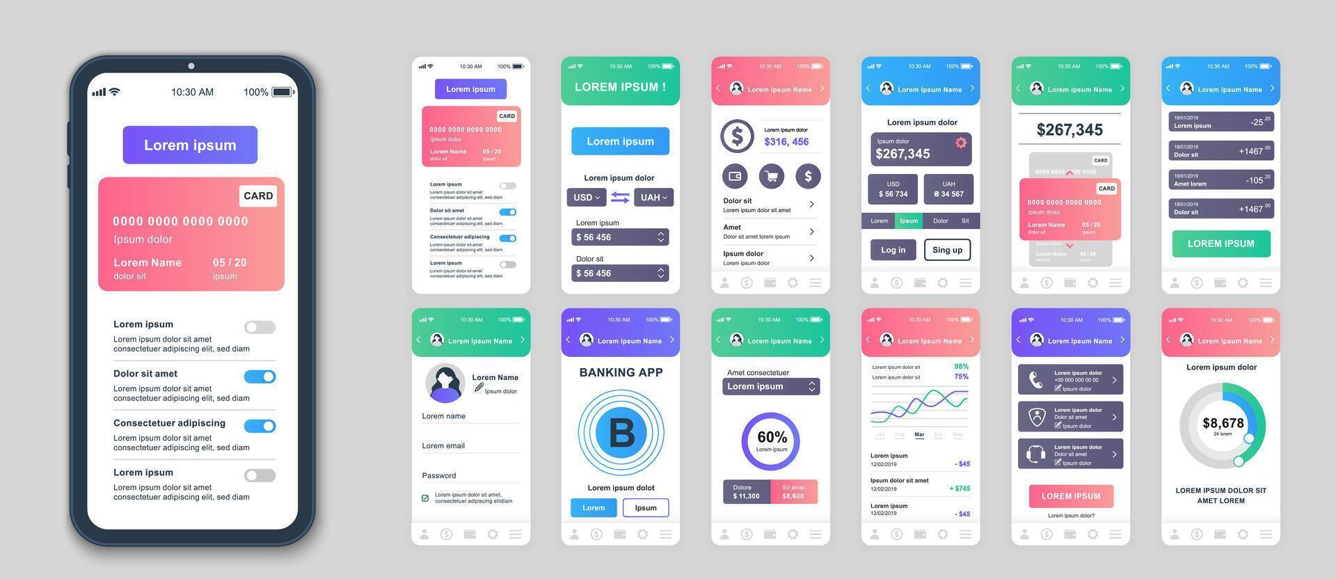 Banking mobile app screens set for web templates. Pack of credit card information, financial management, online payments menu. UI, UX, GUI user interface kit for cellphone layouts. Vector design