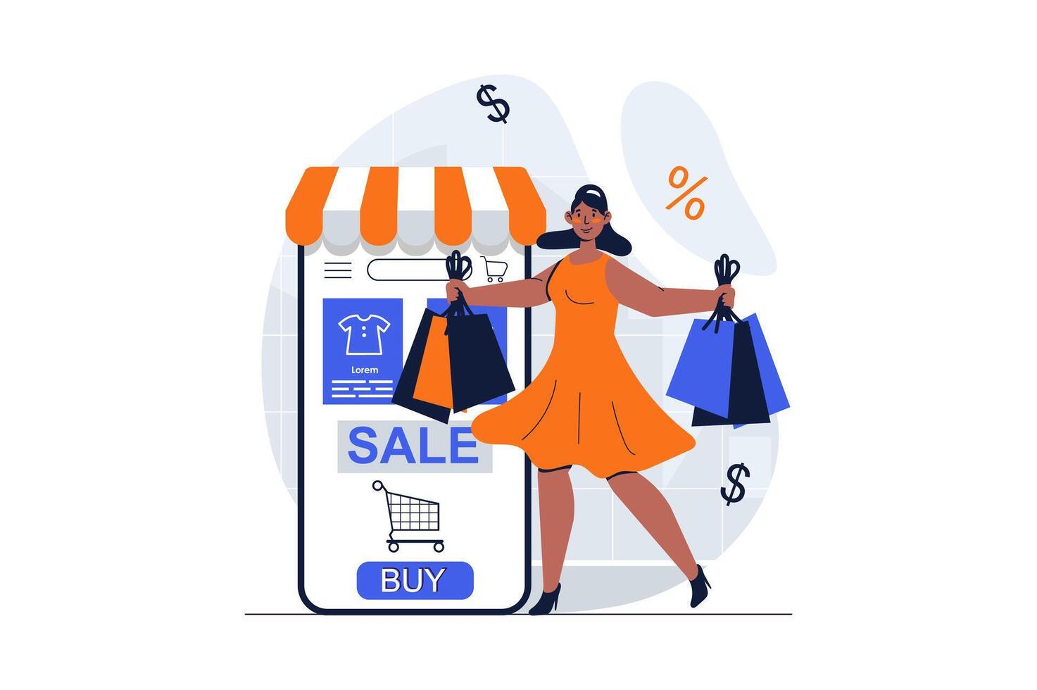 compras web concepto con personaje escena. mujer haciendo compras y ordenando en línea en móvil solicitud. personas situación en plano diseño. vector ilustración para social medios de comunicación márketing material.