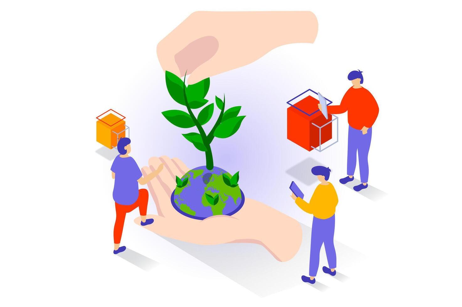 Eco lifestyle concept in 3d isometric design. People care about environment and nature of planet, using environmentally friendly technologies. Vector illustration with isometry scene for web graphic