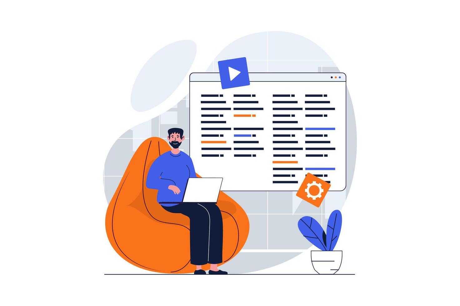 UI UX development web concept with character scene. Man coding and testing code for making wireframe template. People situation in flat design. Vector illustration for social media marketing material.