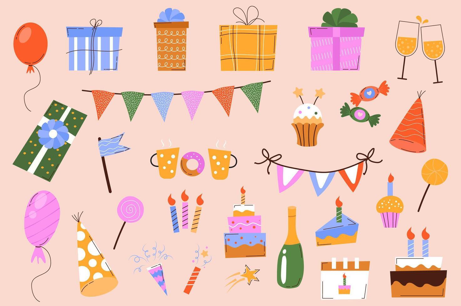 Birthday holiday mega set in graphic flat design. Bundle elements of balloons, gifts, champagne, garlands, cupcakes, hats, lollipops, candles, cake and other. Vector illustration isolated stickers