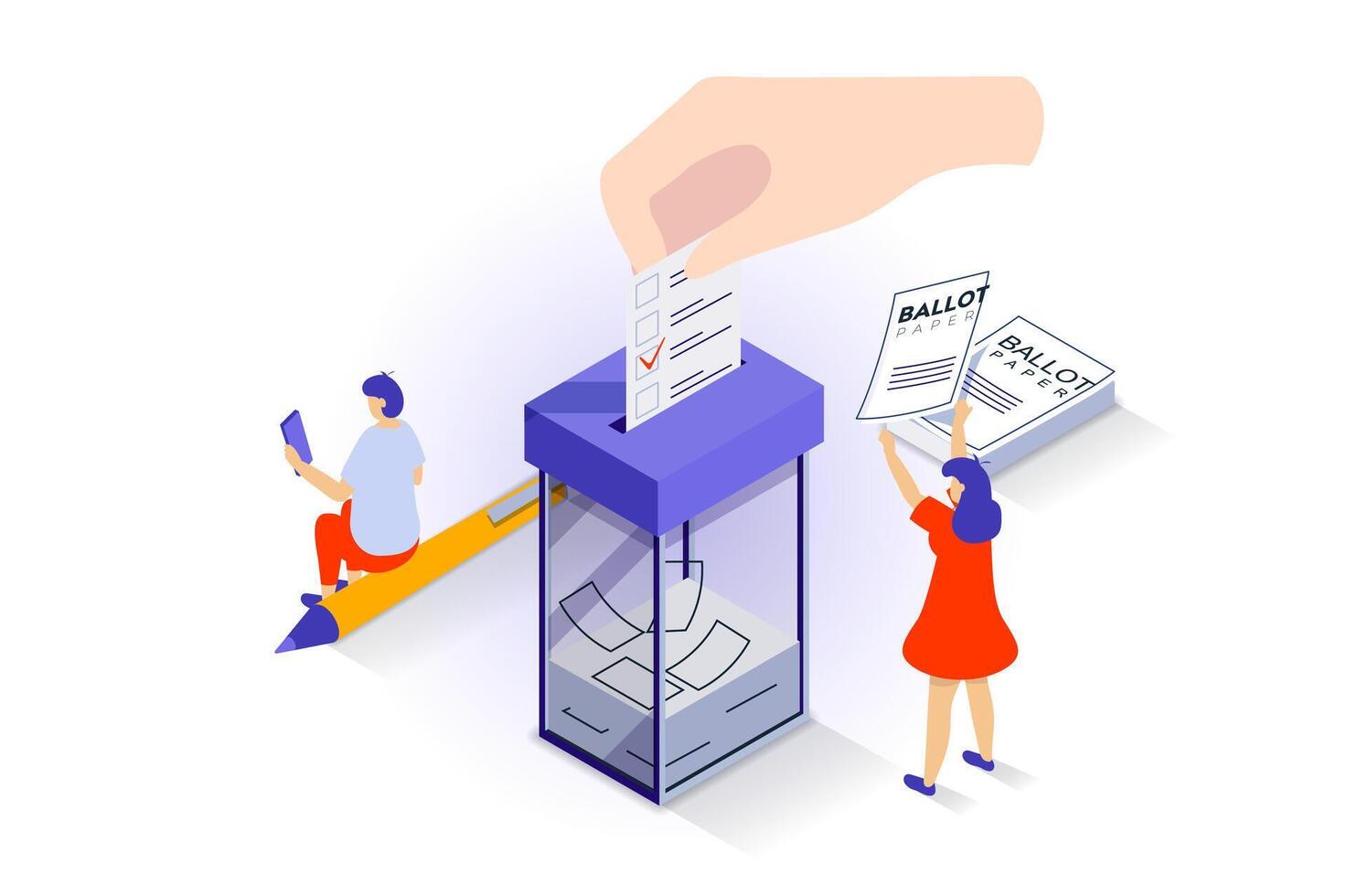Election and voting concept in 3d isometric design. People vote in elections, putting ballot in box and choosing their political candidate. Vector illustration with isometry scene for web graphic