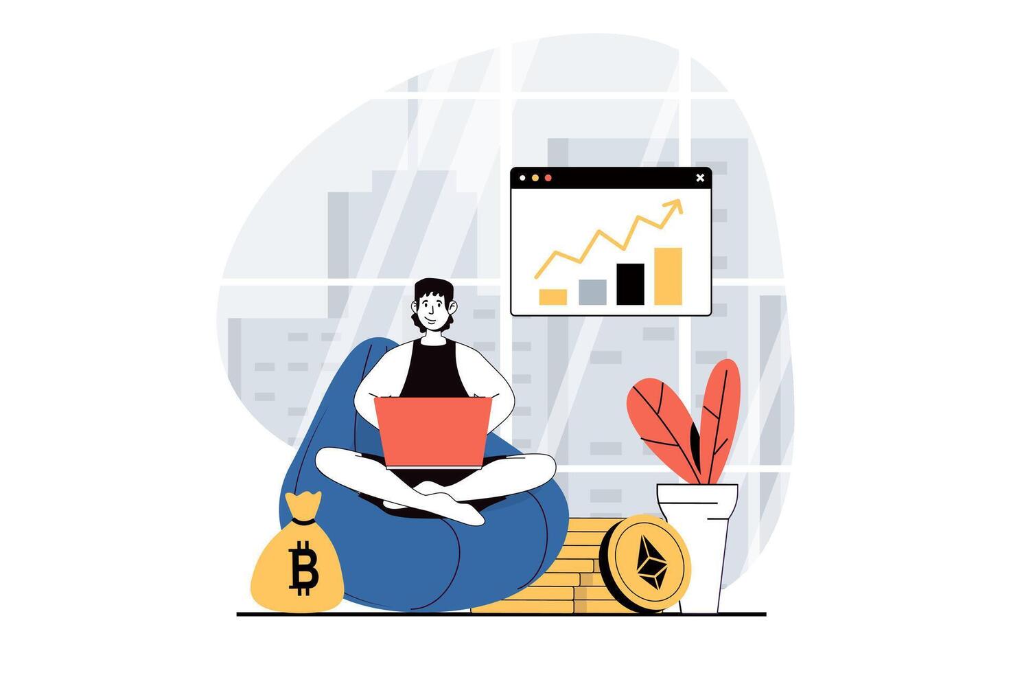 Cryptocurrency mining concept with people scene in flat design for web. Man analysing crypto market, investing money in mining farm. Vector illustration for social media banner, marketing material.
