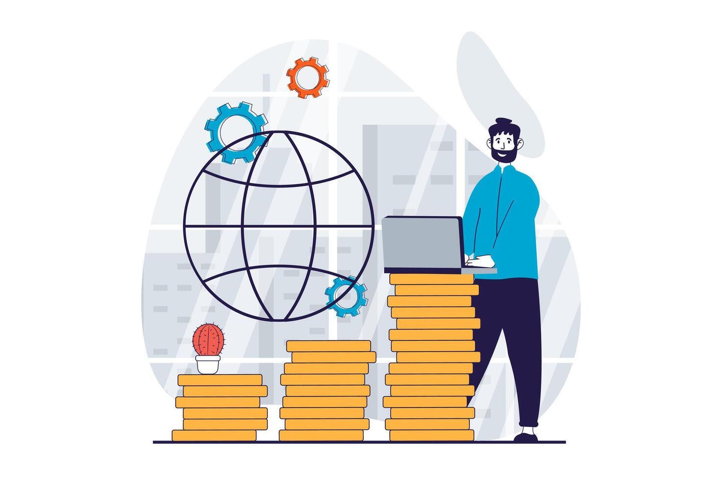 Global economic concept with people scene in flat design for web. Man developing international commerce company and getting profit. Vector illustration for social media banner, marketing material.