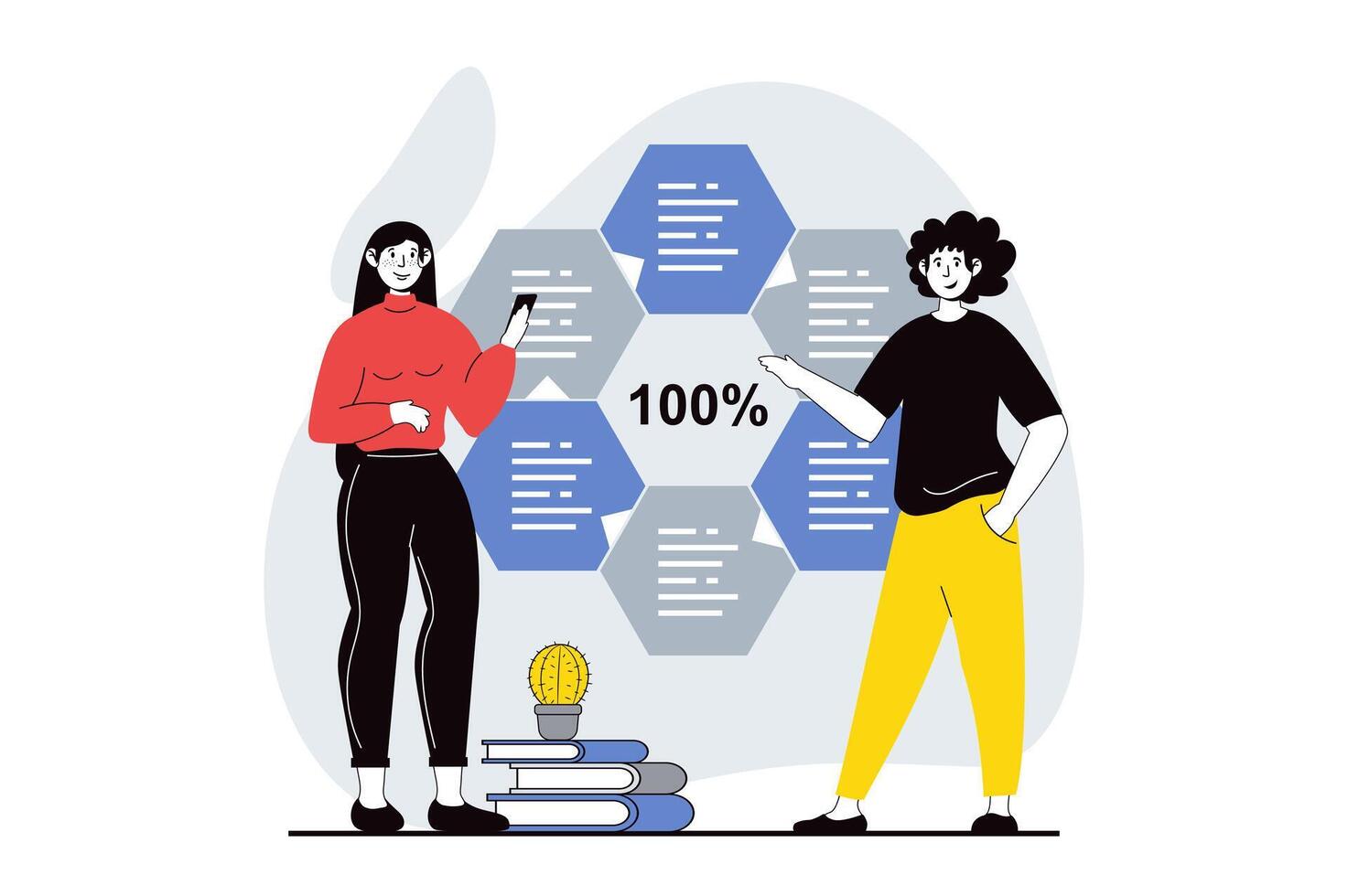 Data analysis concept with people scene in flat design for web. Man and woman working with charts, brainstorming and discussing result. Vector illustration for social media banner, marketing material.