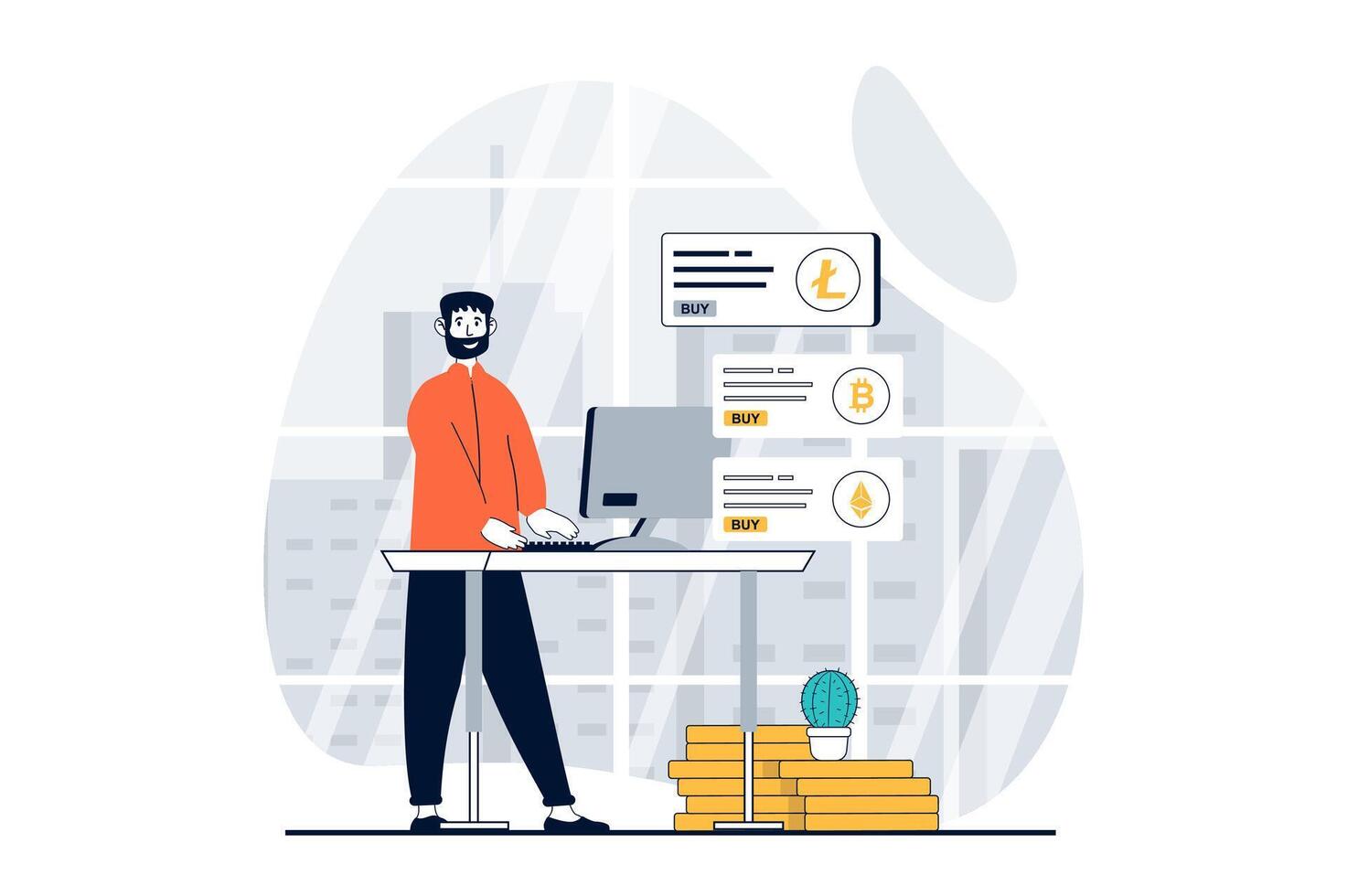 Cryptocurrency marketplace concept with people scene in flat design for web. Man buying crypto coins and managing banking profile. Vector illustration for social media banner, marketing material.