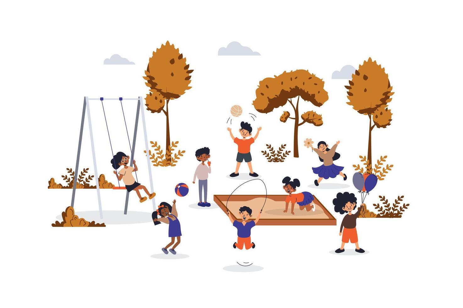 Children playing on playground concept with character scene for web. Boys and girls play in sandbox, swing, jumping rope. People situation in flat design. Vector illustration for marketing material.
