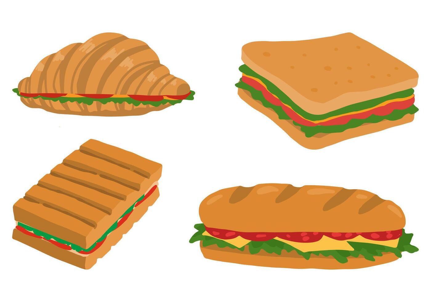 Set of sandwiches, croissant with tasty filling. Collection of fast food doodles. Hand drawn vector illustration in flat style. Cartoon cliparts isolated on white background.