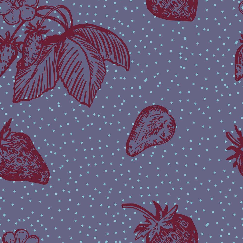 Seamless pattern of strawberry berries. Summer fruit berry ornament. Hand drawn vector illustration. Retro engraving style design for decor, wallpaper, background.
