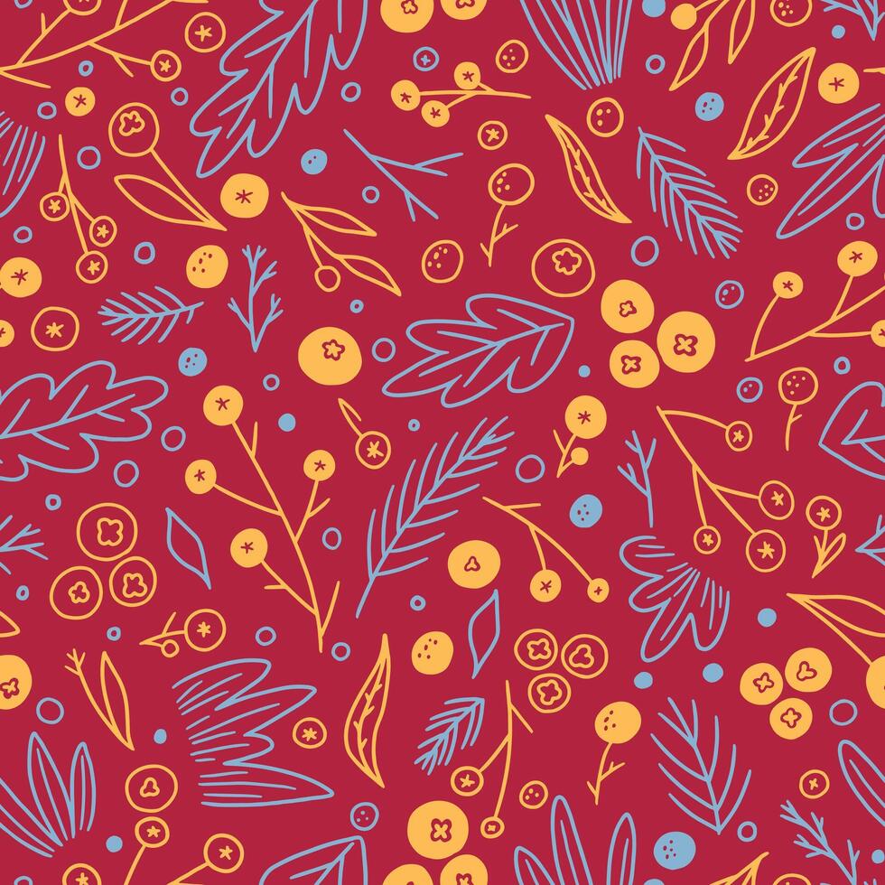 Floral hand drawn vector seamless pattern. Abstract background with branches, berry, plants. Botanical ornament in doodles style.