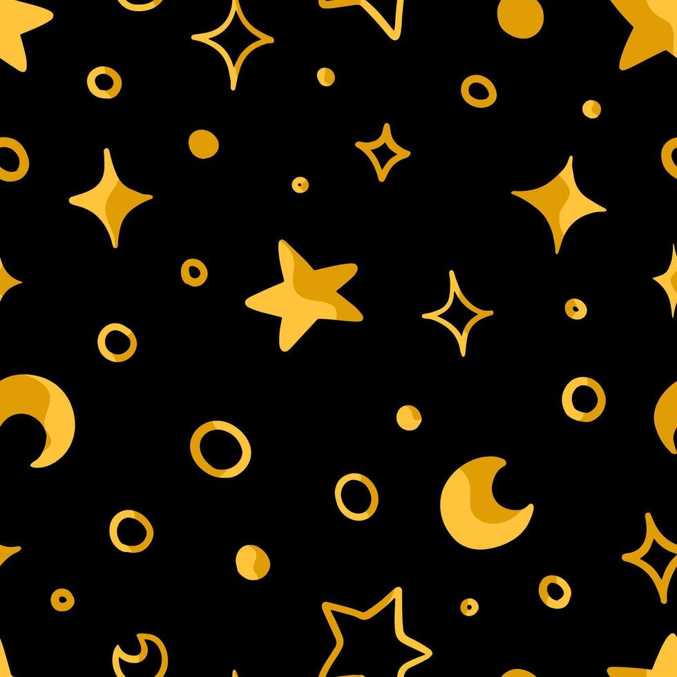 resumen mano dibujado vector sin costura modelo. brillante vistoso ornamento de linda estrellas, lunas, aleatorio formas universal diseño para imprimir, envoltura, tela, textil, fondos de pantalla, fondo, decoración, tarjetas