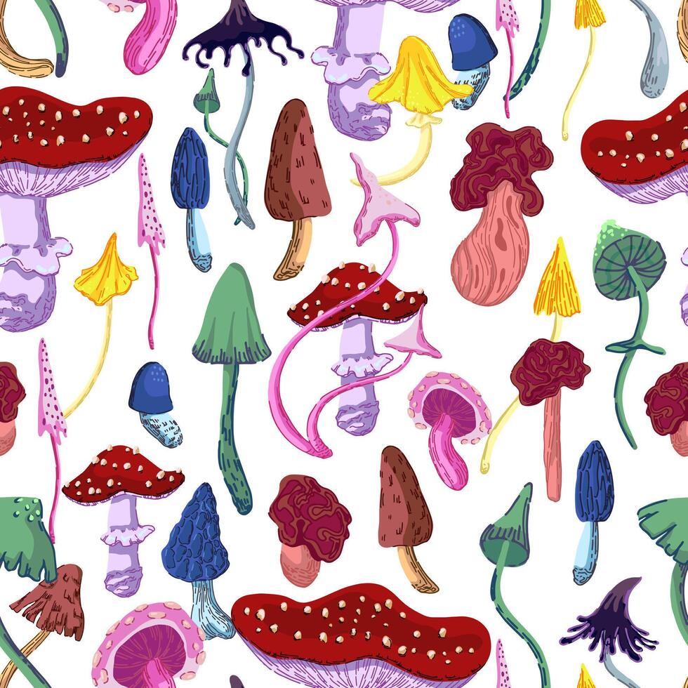 Mushrooms seamless pattern. Ornament of varied poisonous mushrooms. Vector illustration in modern style. Abstract design for wallpaper, decor, wrap, background, textile.