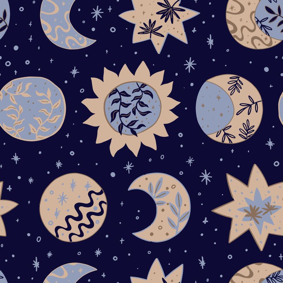 Abstract celestial seamless pattern. Vector ornament of space and botany. Design of astrology, esoteric, tarot, mystic and magic.