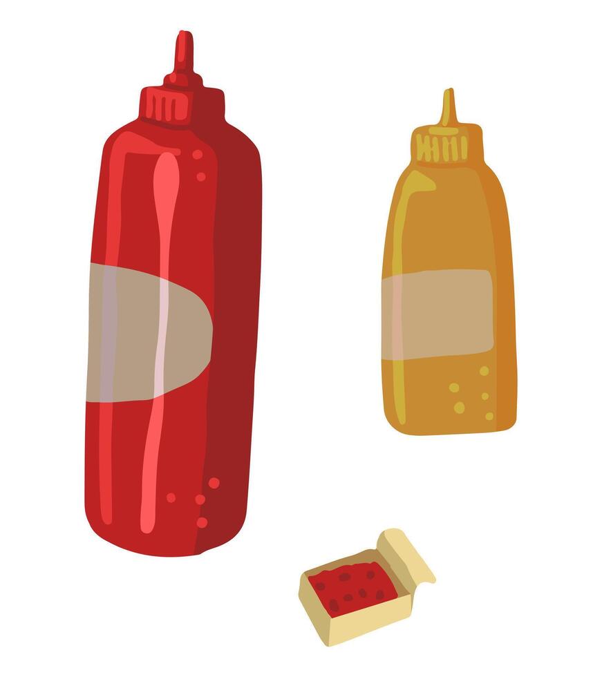 conjunto de embotellado salsas colección de rápido comida garabatos mano dibujado vector ilustración en plano estilo. dibujos animados clipart aislado en blanco antecedentes.