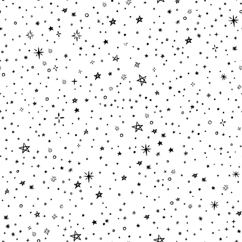 Minimalistic vector background. Creative doodle. Abstract stars and dots. Black graphic seamless pattern isolated on white. Universal print for the design of textiles, paper, cards, wallpaper.