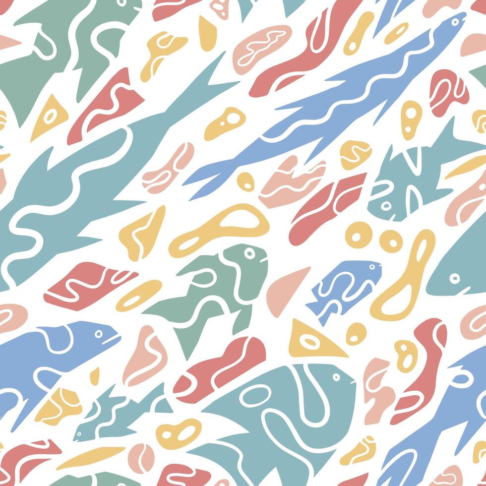 Abstract fishes simple geometric style ornament. Seamless pattern of underwater sea creatures in primitive art style. Hand drawn vector illustration.