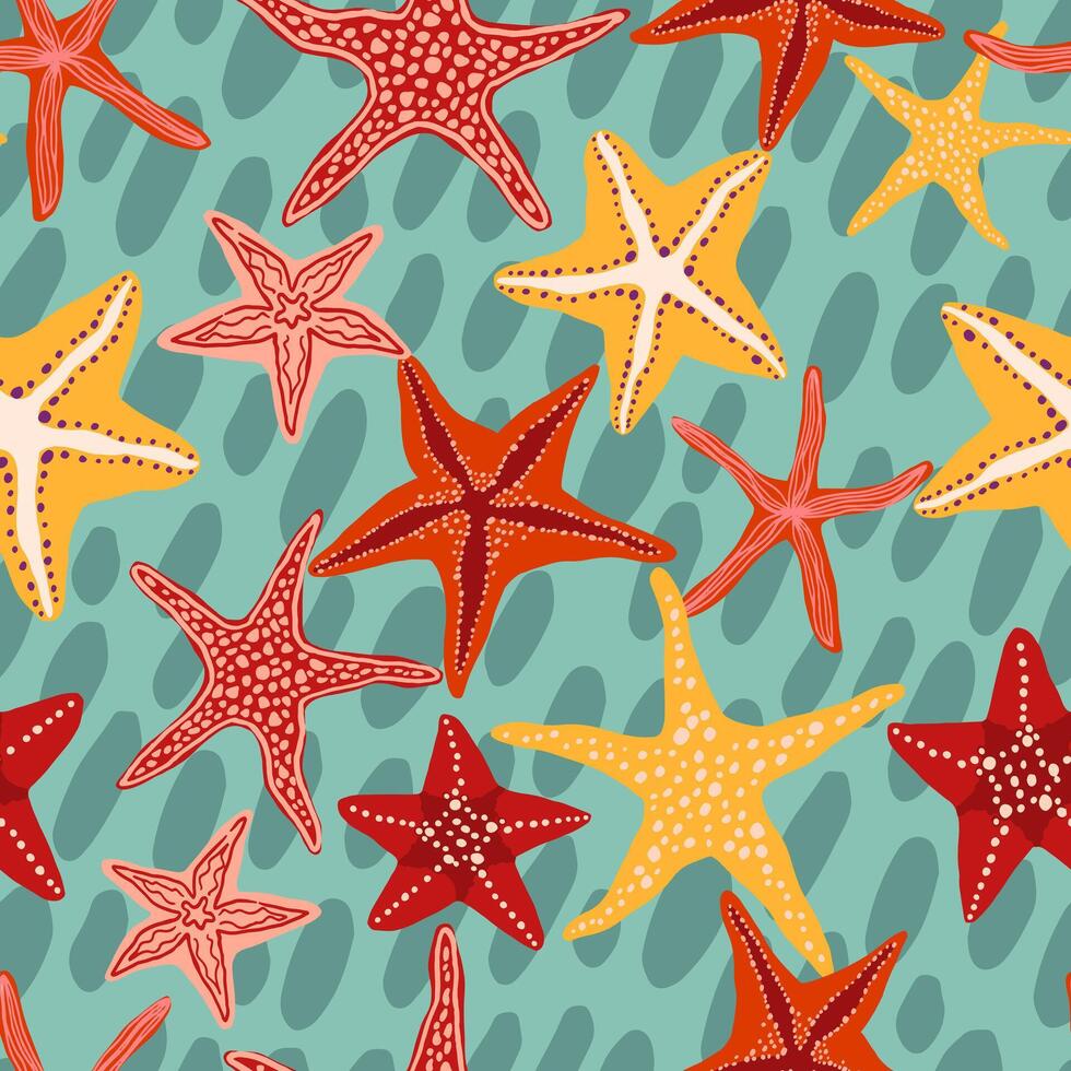 Starfishes, shells and stones flat hand drawn vector seamless pattern. Colorful wallpaper in scandinavian style. Summer sea background. Abstract design for prints, wrap, textile, fabric, decor, cards.