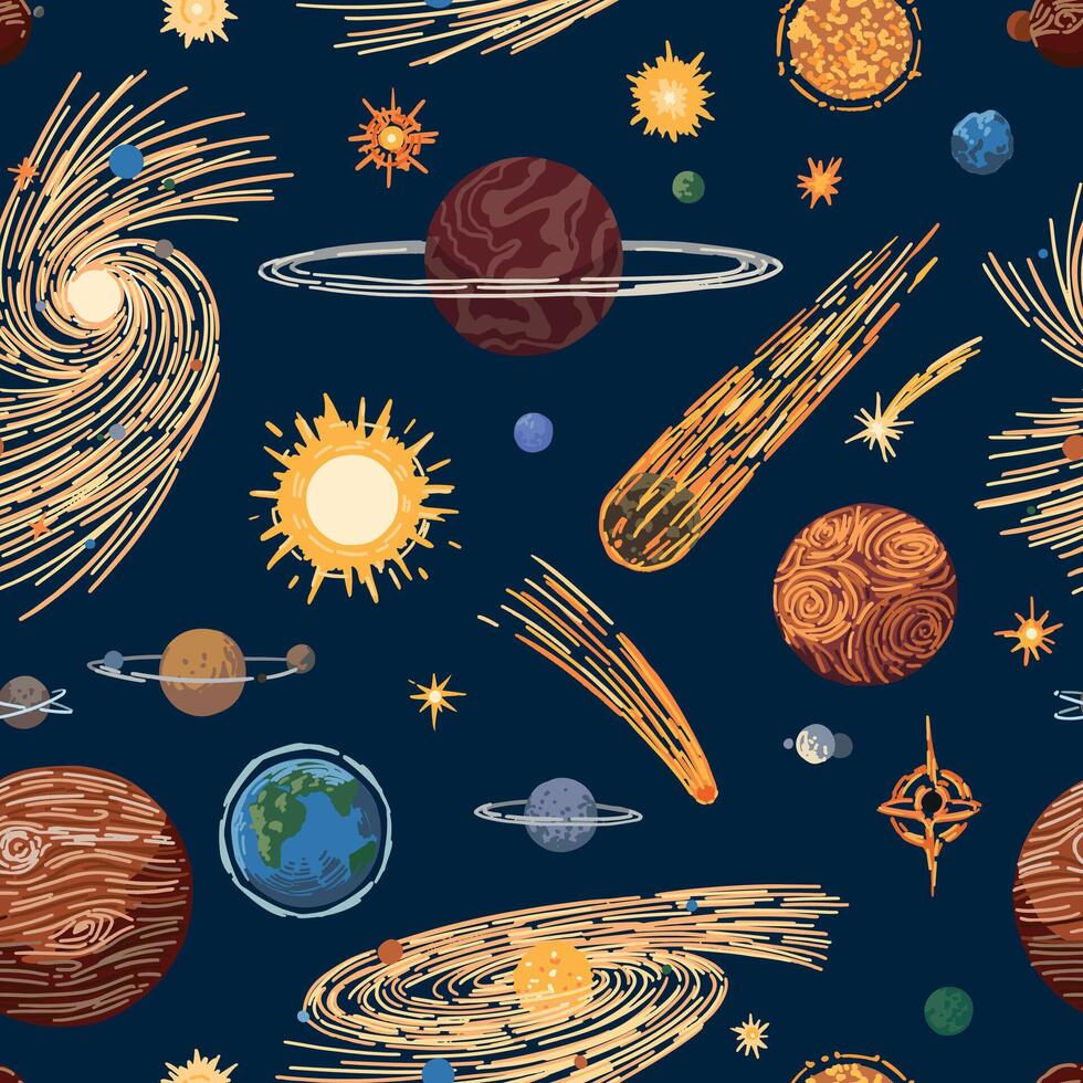 Abstract cosmic space seamless pattern. Ornament of planets, stars, comets, asteroids, galaxies. Hand drawn colorful vector illustrations.