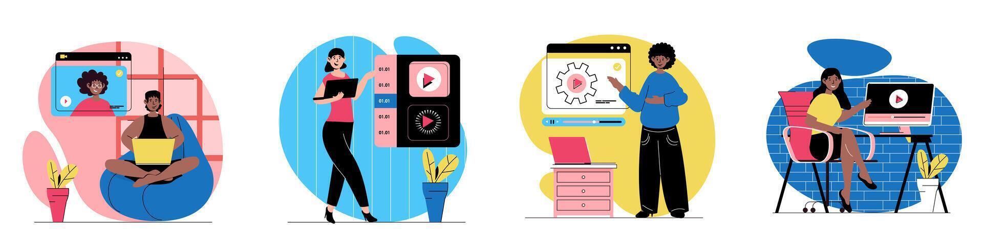 Video tutorial concept with people scenes set in flat web design. Bundle of character situations with men and women watching online tutorials, getting knowledge at webinars. Vector illustrations.