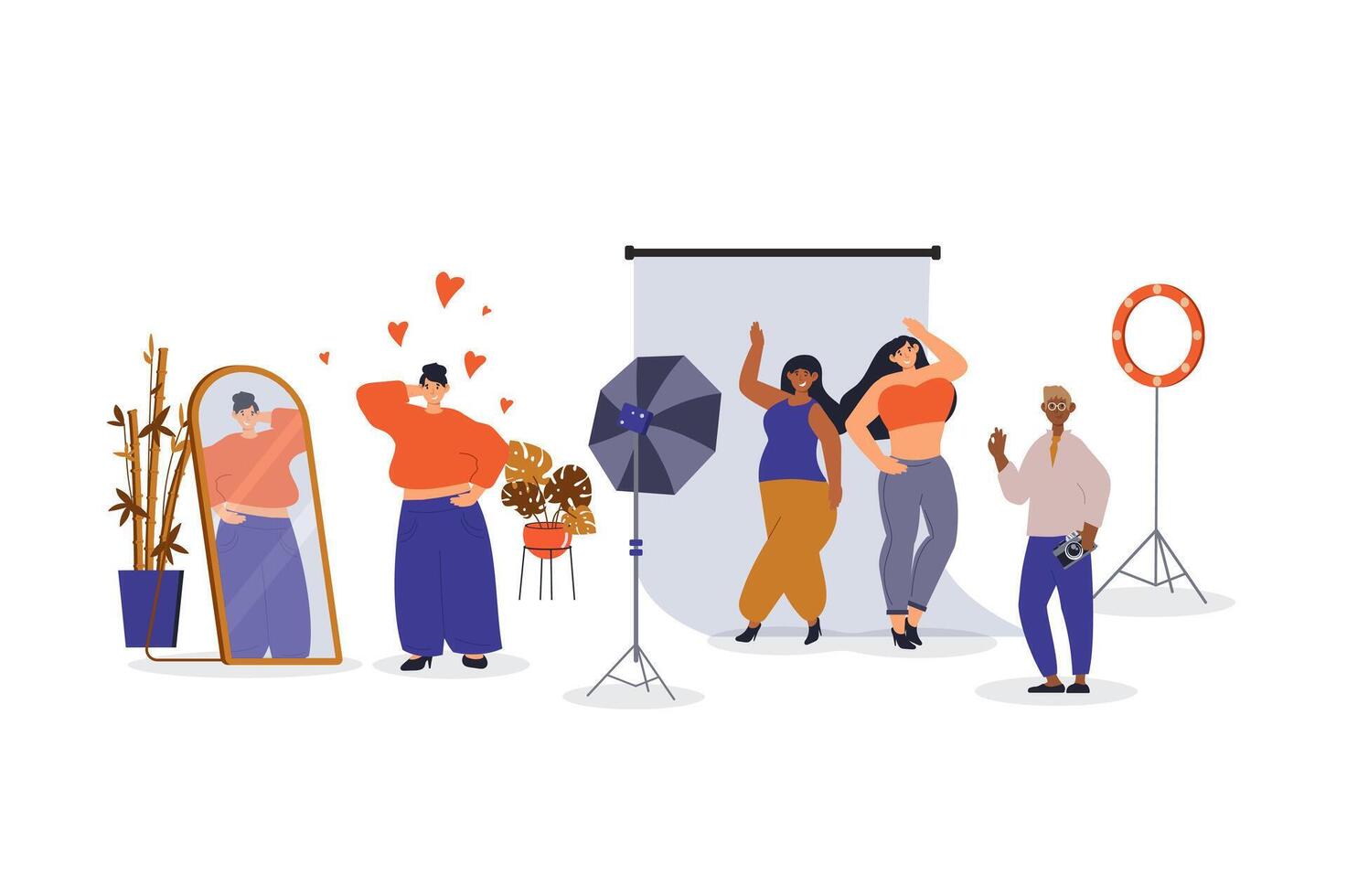 Bodypositive people concept with character scene for web. Women with different body expressing self love by mirror or photoshoots situation in flat design. Vector illustration for marketing material.